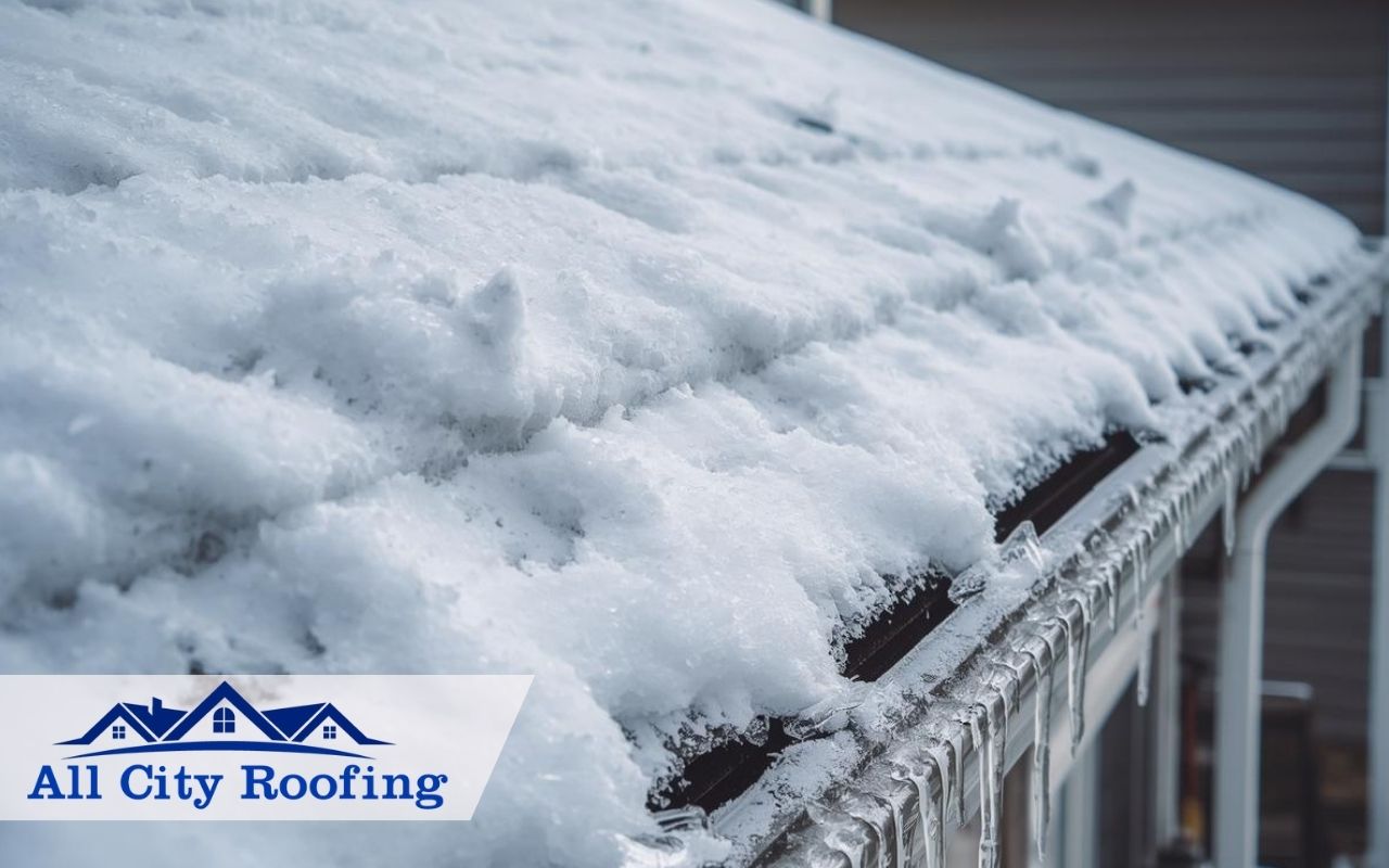 Ice dam prevention in Kennewick, WA with snow being cleared from a residential roof edge